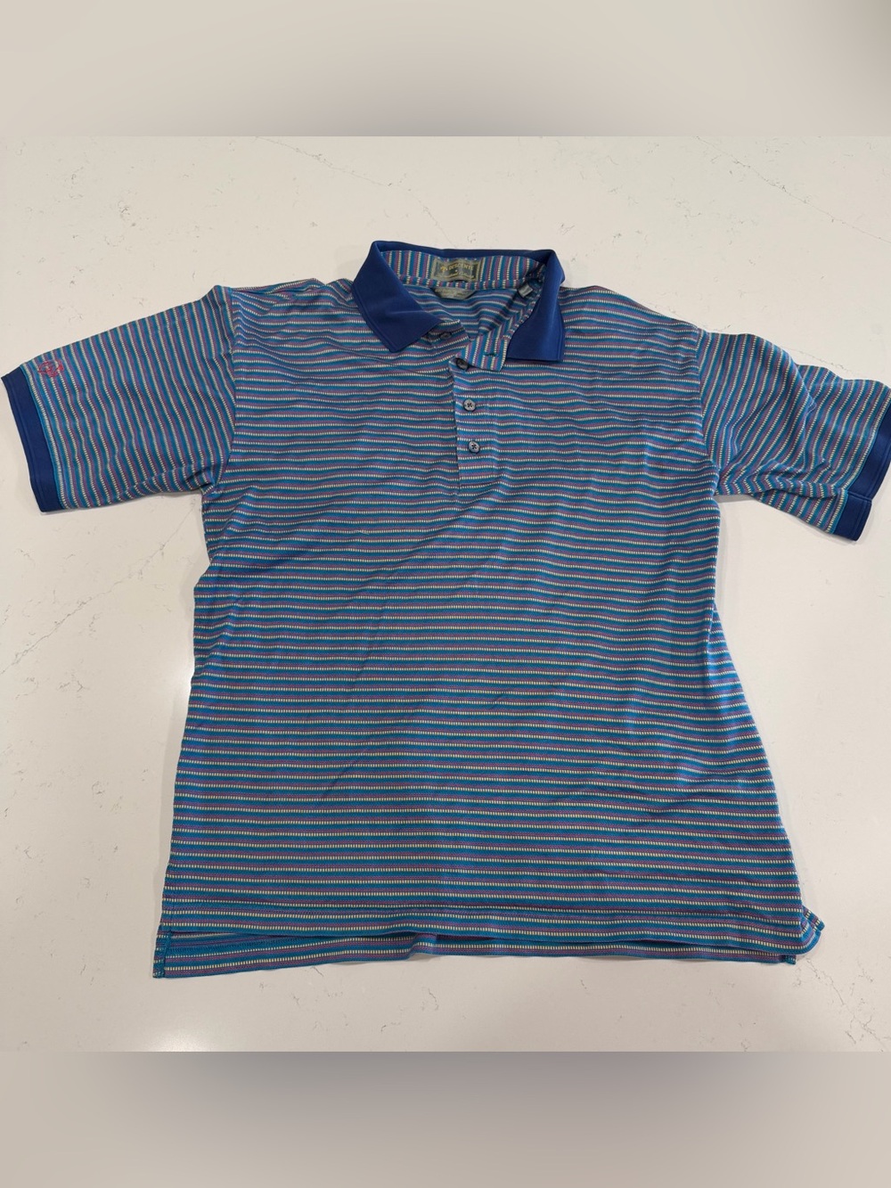 Descente Men’s Blue Striped Polo with Navy Trim - Medium